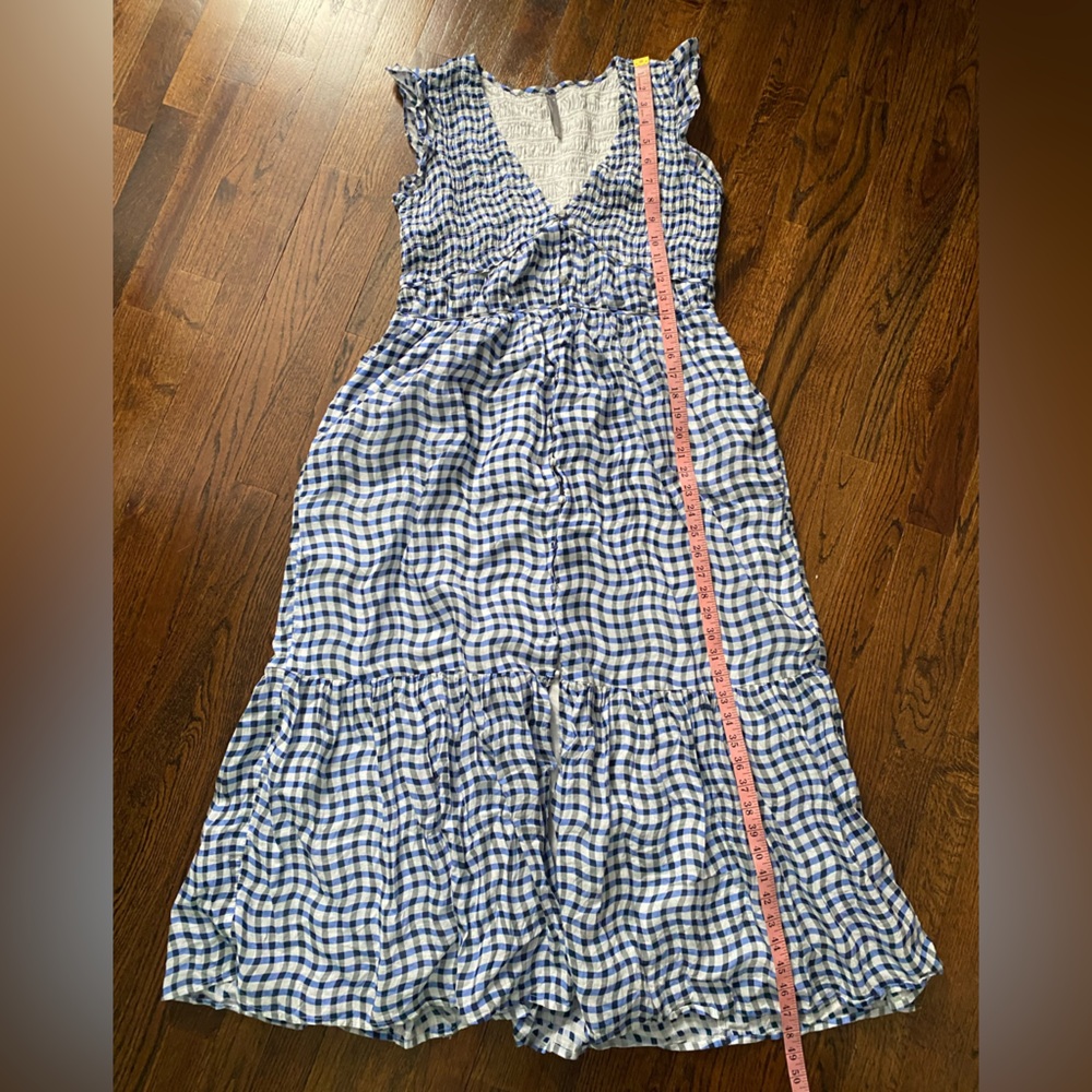 Anthropologie- Peregrine Blue and White Wavy Gingham Check Dress flutter sleeve - Picture 3 of 16